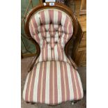 A Victorian mahogany part show frame spoon back nursing chair with later button back upholstery, set