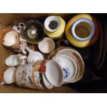 A box containing assorted ceramic items including Staffordshire Allertons chinoiserie part tea