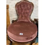 A Victorian mahogany part show frame spoon back nursing chair with later old rose velour upholstery,