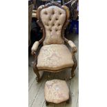 A Victorian carved walnut part show frame spoon back drawing room armchair with button back