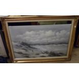 A large gilt and hessian framed oil on canvas, depicting a beach scene with crashing waves and