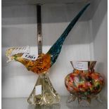 A Murano coloured glass cockerel figurine - sold with an end of day glass vase
