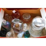 A box containing a small collection of scent bottles and art glass items