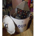 A vintage large enamel flour bin and lid, with another similar (no lid) - sold with two vintage