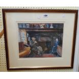 A framed signed coloured print, depicting an elderly couple seated by a fire in an interior