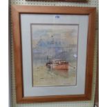 David Norman: a framed watercolour entitled Mevagissey Morning II, depicting a fishing vessel at