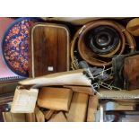A box containing assorted wooden and other collectable items including Chinese hardwood stands,