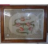 A 19th Century maple framed embroidery panel, depicting Art Nouveau style flowers within a