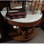 A 1.02m old marble topped and mixed wood demi-lune washstand with turned front support and