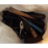 A box and a bag containing a quantity of old tools including air sander, etc.