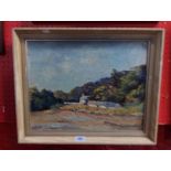 E. Hastie: a framed vintage oil on canvas, depicting buildings in a river valley - signed
