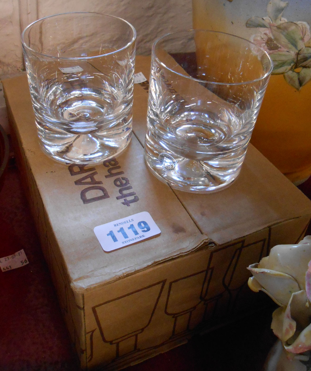 A vintage set of six Dartington glass whiskey tumblers from a design by Frank Thrower, in original