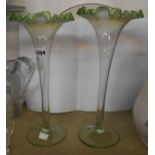 A pair of Victorian glass flute vases of light green colour with frilled green vaseline finish