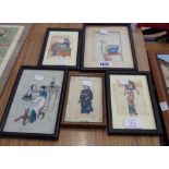 Five small framed Chinese pith paper paintings, depicting various figures engaged in activities