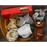 A crate containing assorted ceramics and other items including Denby, etc.