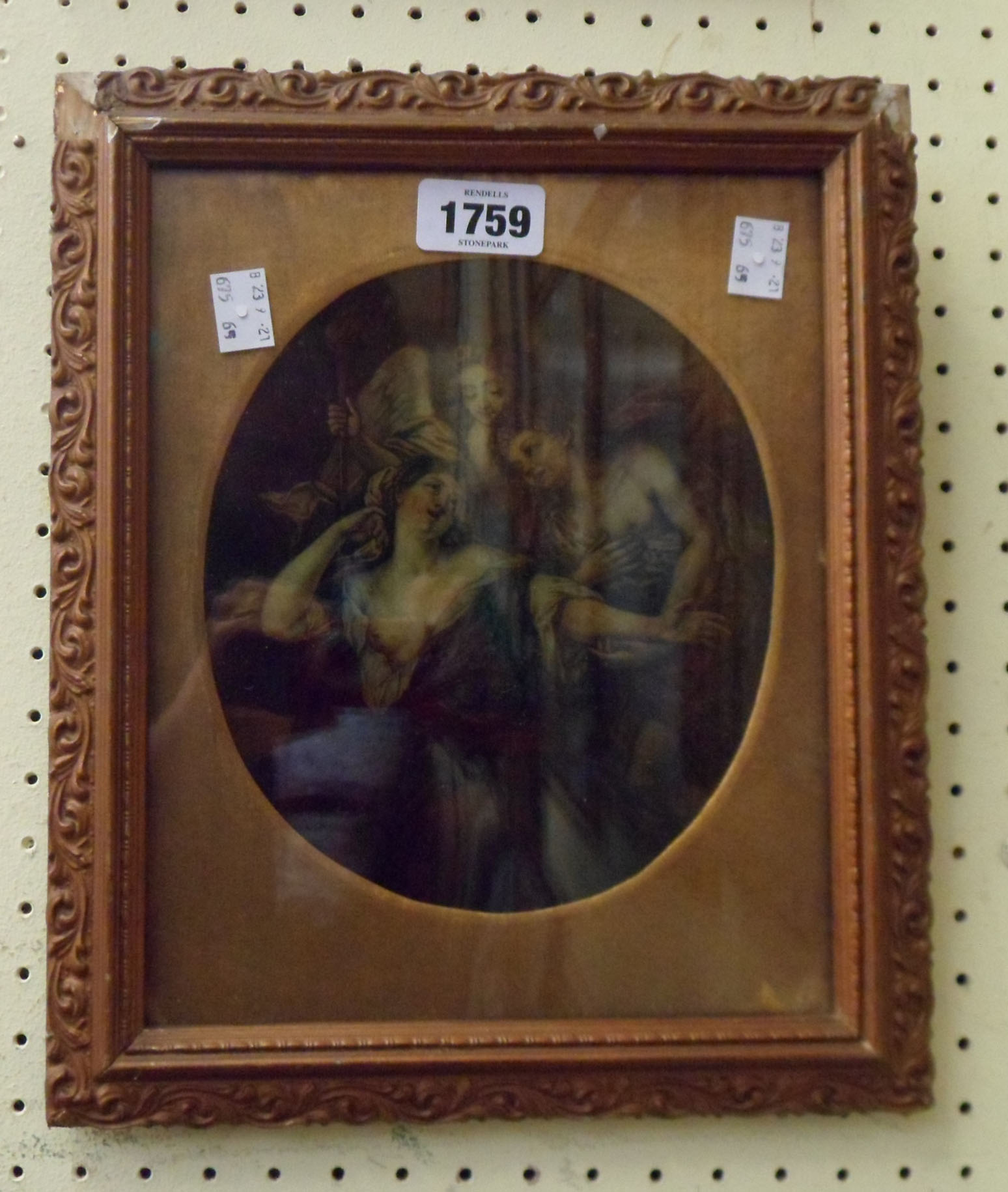 A gilt framed and oval slipped crystoleum depicting a classical figure group