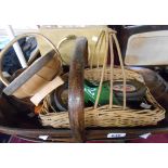 An old rustic garden trug and contents including basket, smaller trug, framed panels, etc.