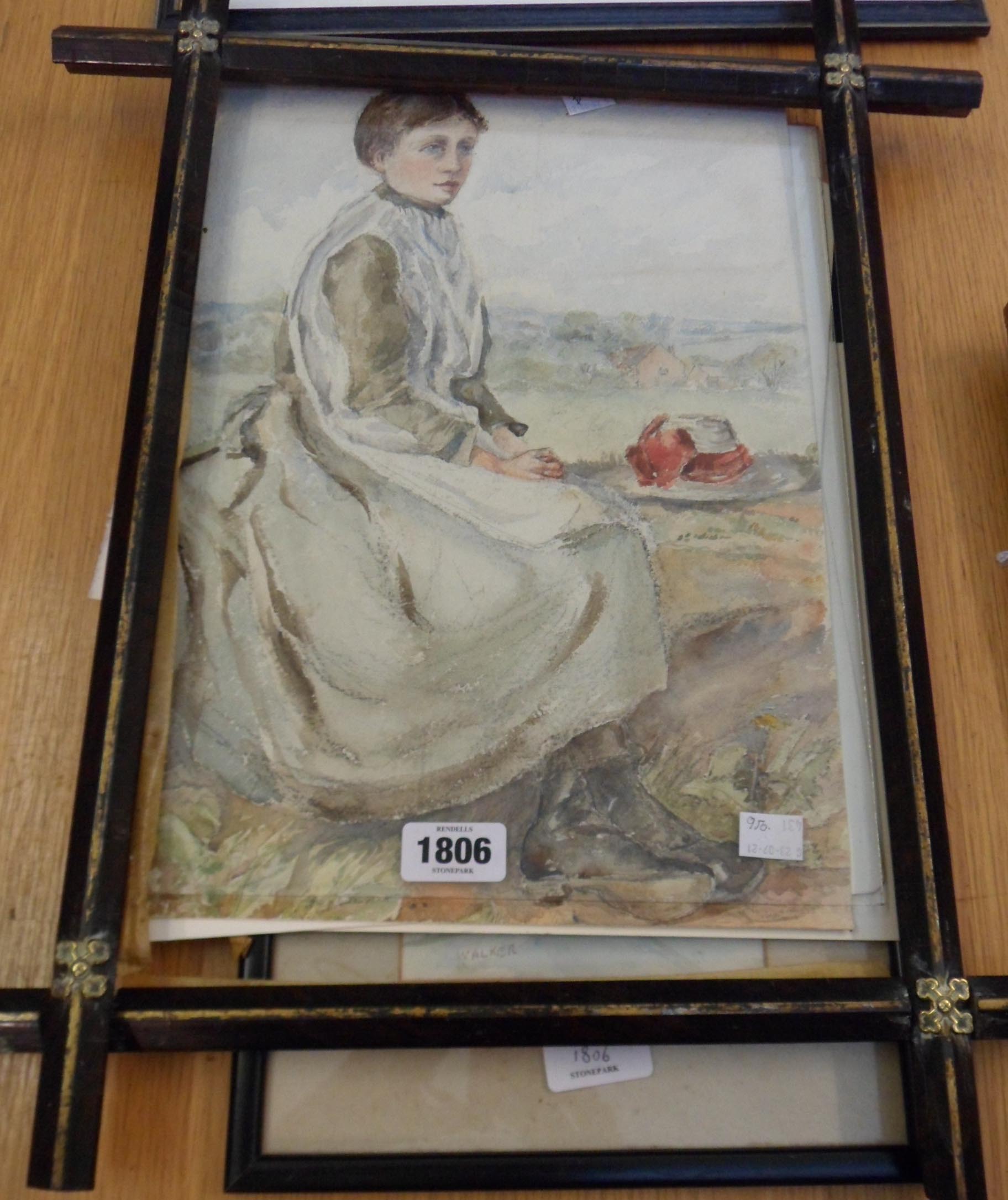 A late Victorian ebonised cross framed mixed media, depicting a portrait of a seated girl - frame