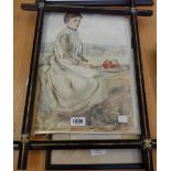 A late Victorian ebonised cross framed mixed media, depicting a portrait of a seated girl - frame