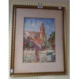 A gilt framed late 19th Century watercolour, depicting a gondola on a canal with church and