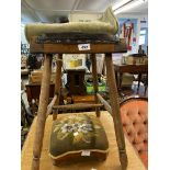 An old stained beech framed stool with S-shaped seat panel and simple turned supports - sold with