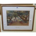 William Maliphant: A gilt framed watercolour, depicting children, man and dog on a pathway leading