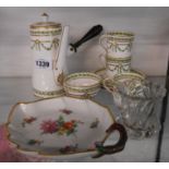 A small selection of china and glass comprising a Copelands China chocolate pot, coffee cans and