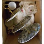 A box of ceramic items including Belleek cup and plate, bread plate, etc. - various condition