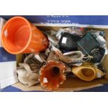 A box containing a small quantity of ceramics and glassware including large vintage orange glazed