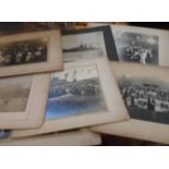 Six unframed mounted monochrome photographs including group celebrations, HMS Queen Mary, another
