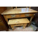 A 90cm antique waxed pine side table with two frieze drawers, set on turned legs