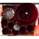 A box containing a quantity of ruby glassware including silver resist decorated bowl, enamelled