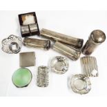 Various small silver items including cheroot case, compact and pair of bon bon dishes, also cased
