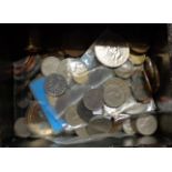 A decorative box containing coins comprising 1892 Crown and twenty silver 3d coins and various other