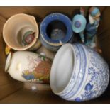 A box containing a quantity of ceramic items including Clarice Cliff jug (a/f), etc.