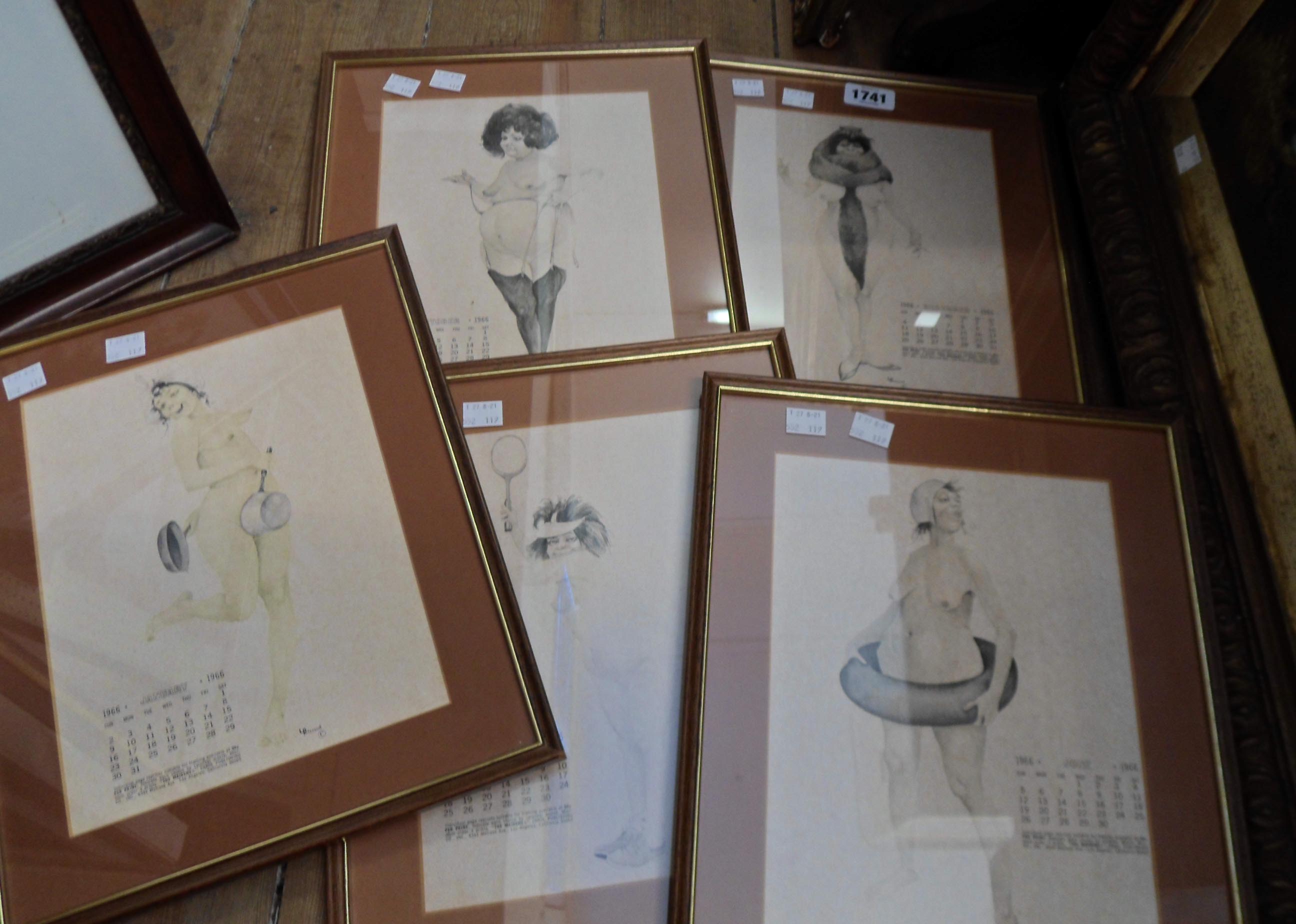 L. Peterson: ten matching framed risqué 1966 calendar prints - July and August missing - some