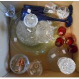 A box containing a quantity of assorted glassware including decanter, bowl, drinking glasses, etc.