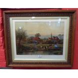 A moulded oak framed late Victorian chromolithograph, depicting a rural farmstead with figures on