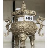 A 17cm silver plated metal Oriental censer with figural, elephant and dragon decoration