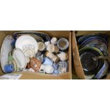 Two boxes containing a selection of ceramic and other items including blue and white, studio