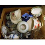 A box containing assorted ceramic items including Staffordshire cow creamers, etc. - various