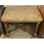 A 71cm 20th Century oak parquetry topped tea table with turned supports and X-stretcher