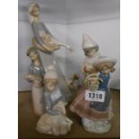 Five Lladro figures including lady holding a goose, girl with chicken, etc.