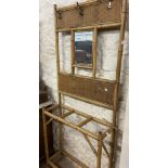 A 75cm old bamboo hallstand with later coats hooks central mirror and woven rush surfaces - drip