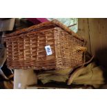 A wicker picnic basket and contents - sold with a vintage metal framed hiker's rucksack