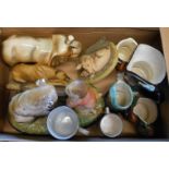 A small box containing assorted ceramics including character jugs, Teviotdale resin pig figurine,