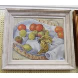 Piet Engels: a painted framed oil on canvas still life with fruit in a basket - signed and dated '27