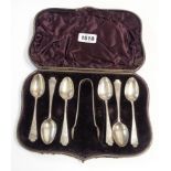 A cased set of six Glasgow silver teaspoons and pair of sugar tongs with engraved bird and