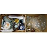 Two boxes containing a selection of ceramics and glassware including Reubens ware vase, Royal