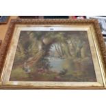 Alice S. Watts: an ornate gilt framed oil on canvas, depicting two children on a path in a